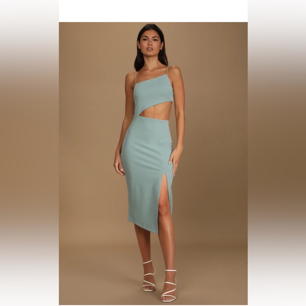 Large Lulus Flawless Attitude Sage Blue Asymmetrical Cutout Midi Dress